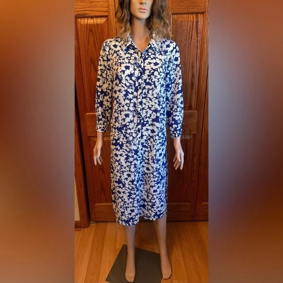 Monteau Los Angeles Women’s Dress Size Large Blue & White Floral Buttons - Picture 12 of 16